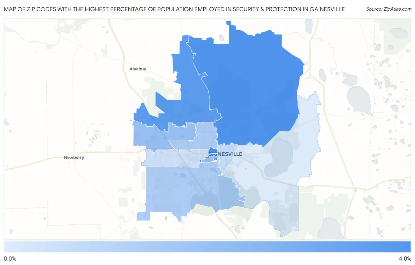 Zip Codes with the Highest Percentage of Population Employed in Security & Protection in Gainesville Map
