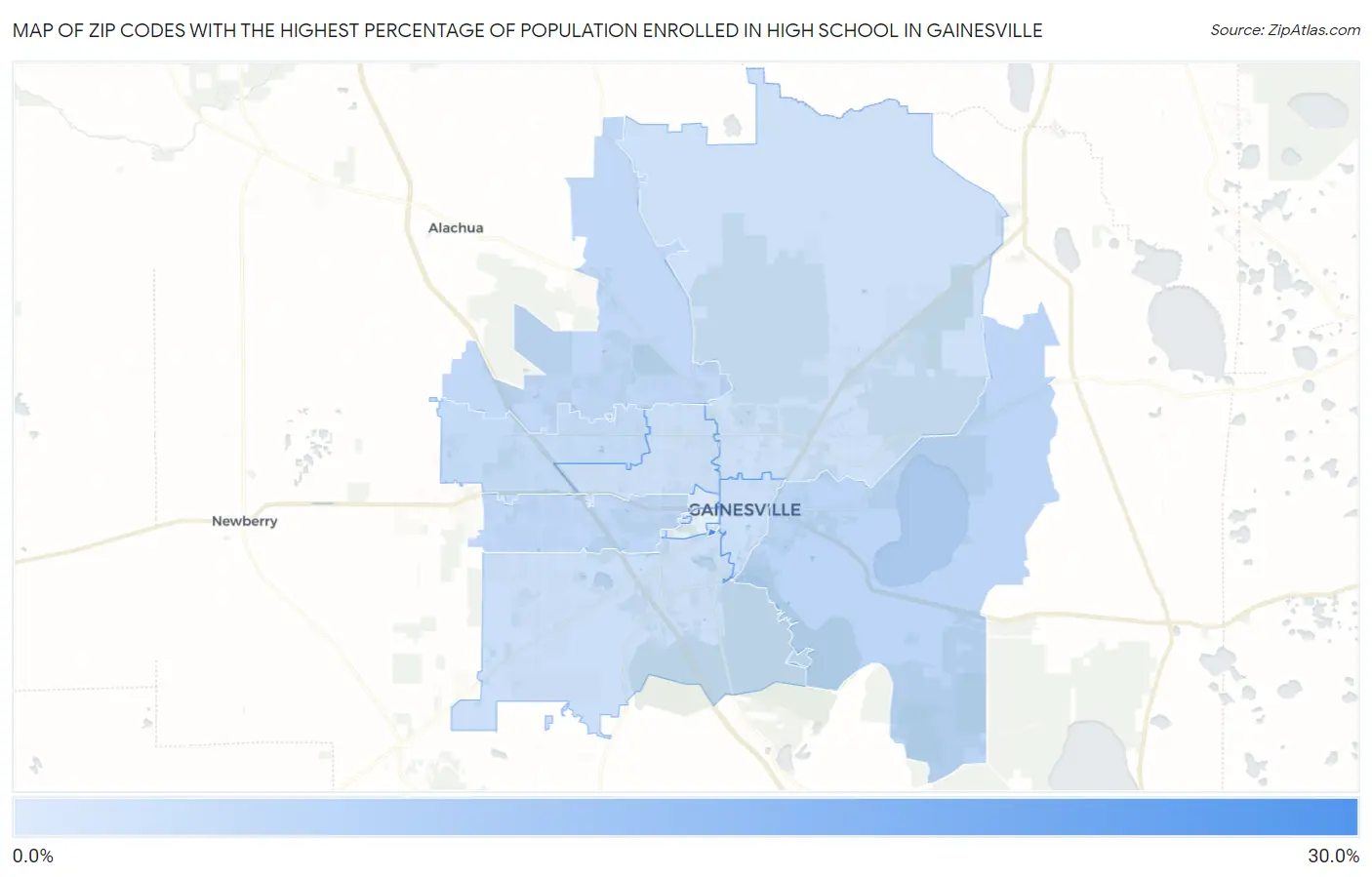 Zip Codes with the Highest Percentage of Population Enrolled in High School in Gainesville Map