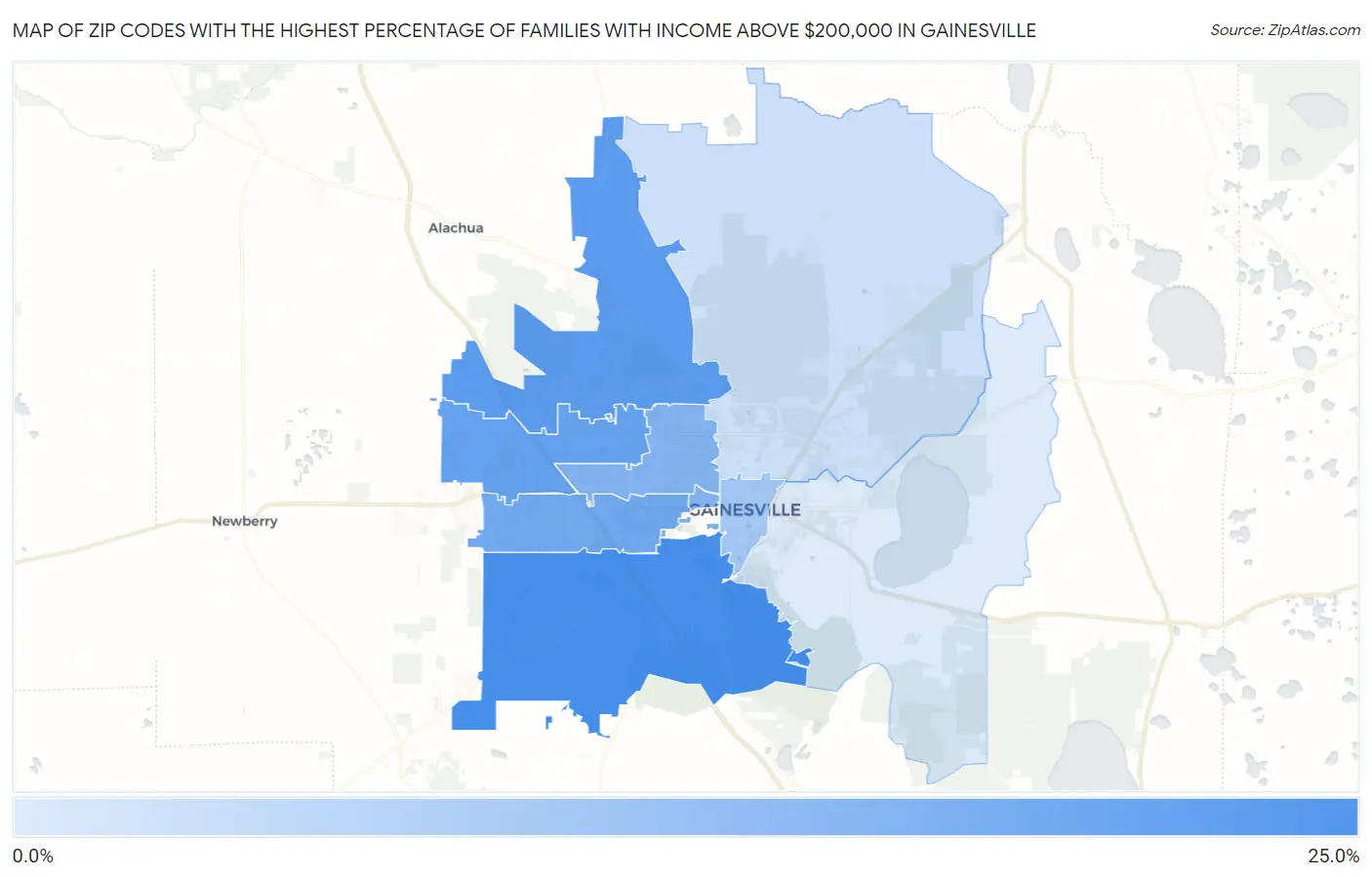 Zip Codes with the Highest Percentage of Families with Income Above $200,000 in Gainesville Map