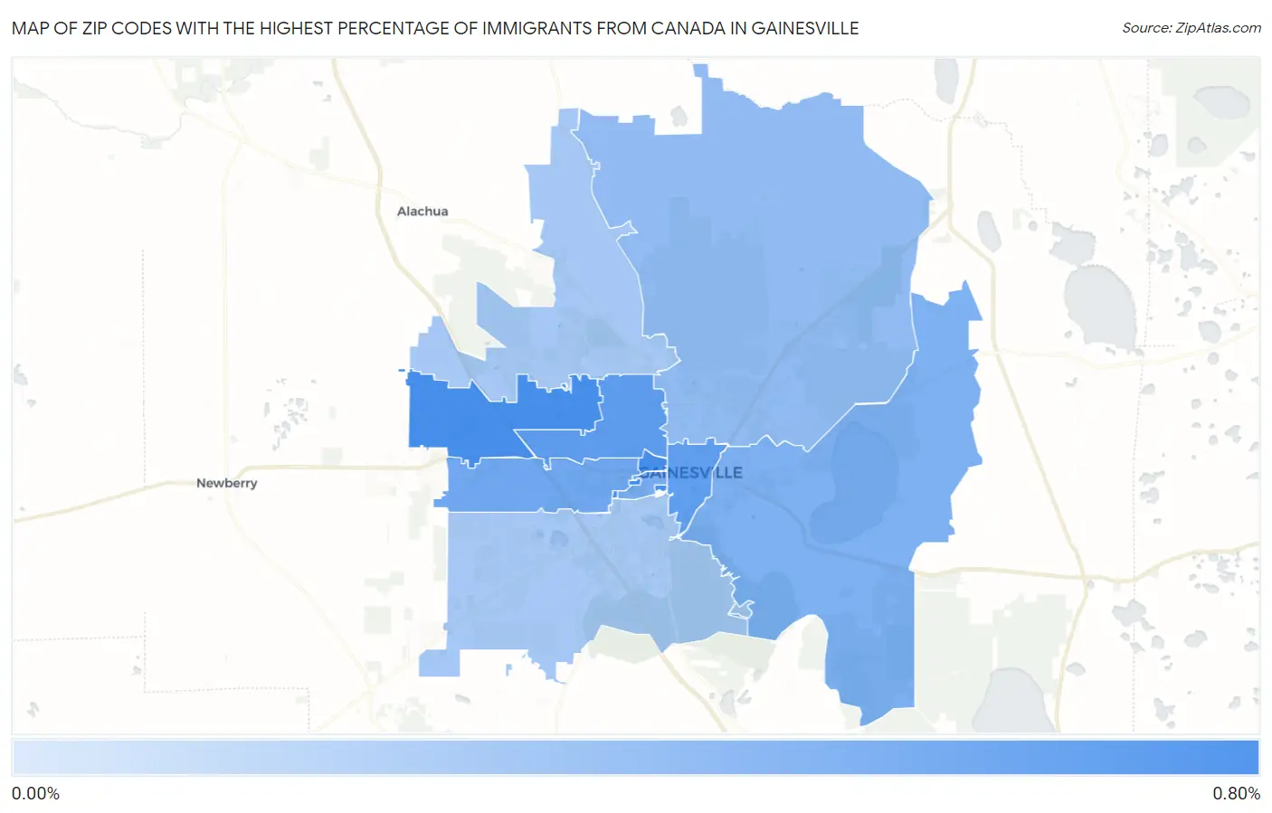 Zip Codes with the Highest Percentage of Immigrants from Canada in Gainesville Map
