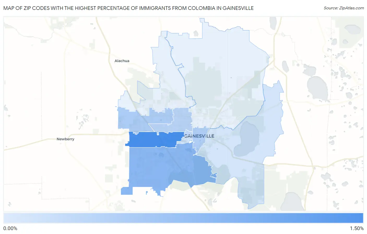 Zip Codes with the Highest Percentage of Immigrants from Colombia in Gainesville Map