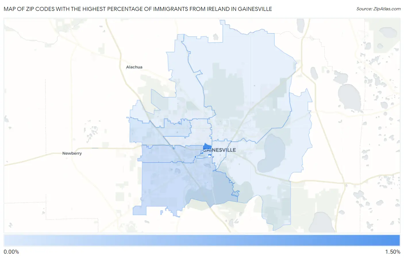 Zip Codes with the Highest Percentage of Immigrants from Ireland in Gainesville Map