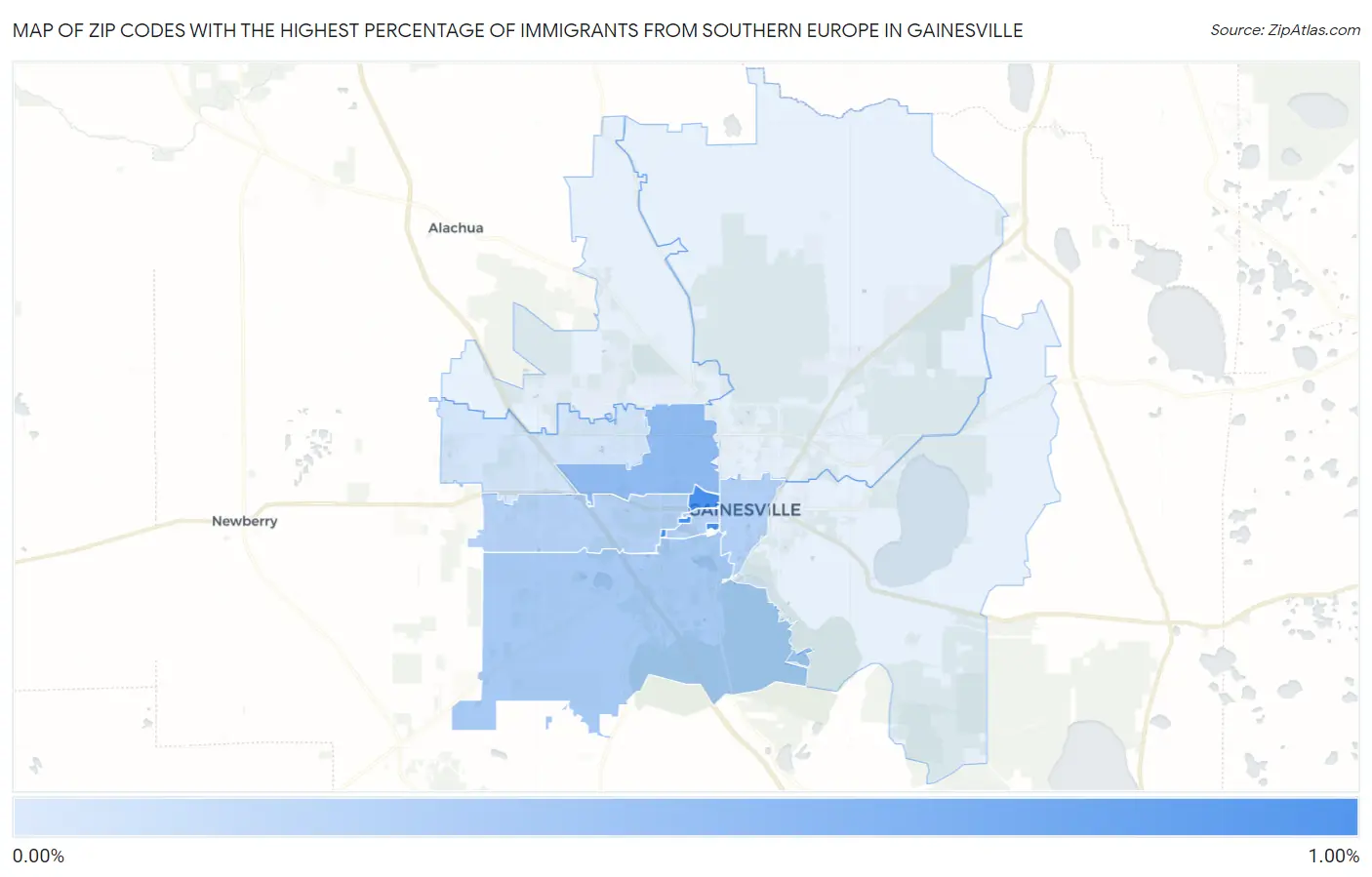 Zip Codes with the Highest Percentage of Immigrants from Southern Europe in Gainesville Map