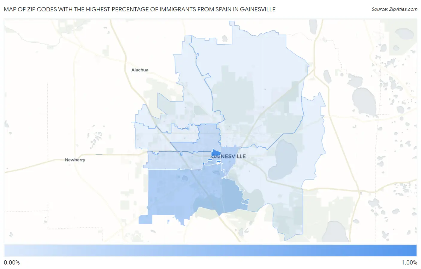 Zip Codes with the Highest Percentage of Immigrants from Spain in Gainesville Map