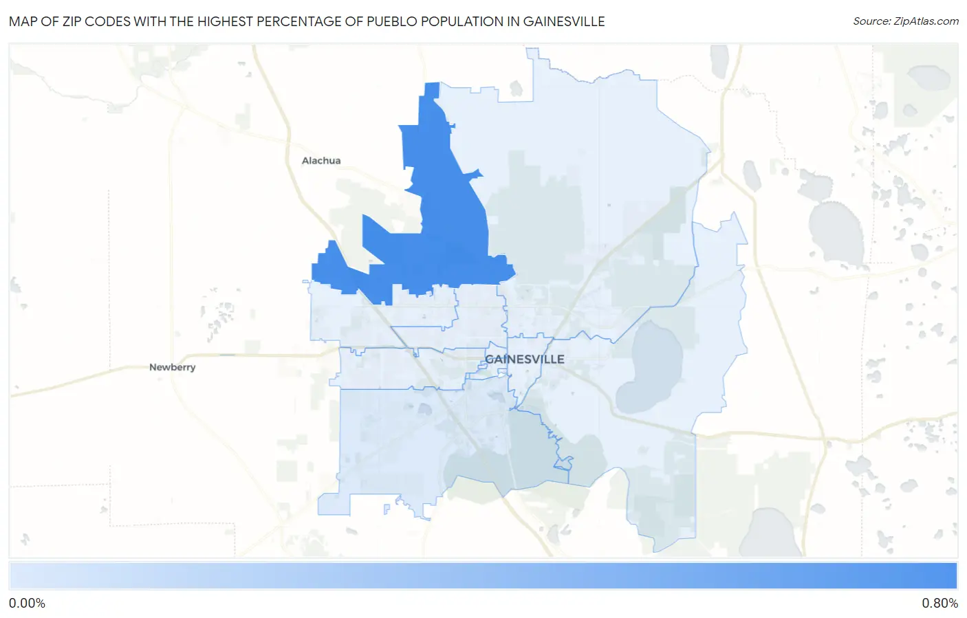 Zip Codes with the Highest Percentage of Pueblo Population in Gainesville Map
