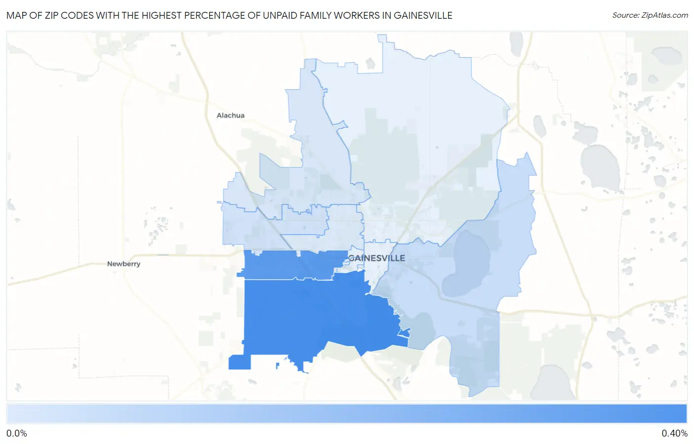 Zip Codes with the Highest Percentage of Unpaid Family Workers in Gainesville Map