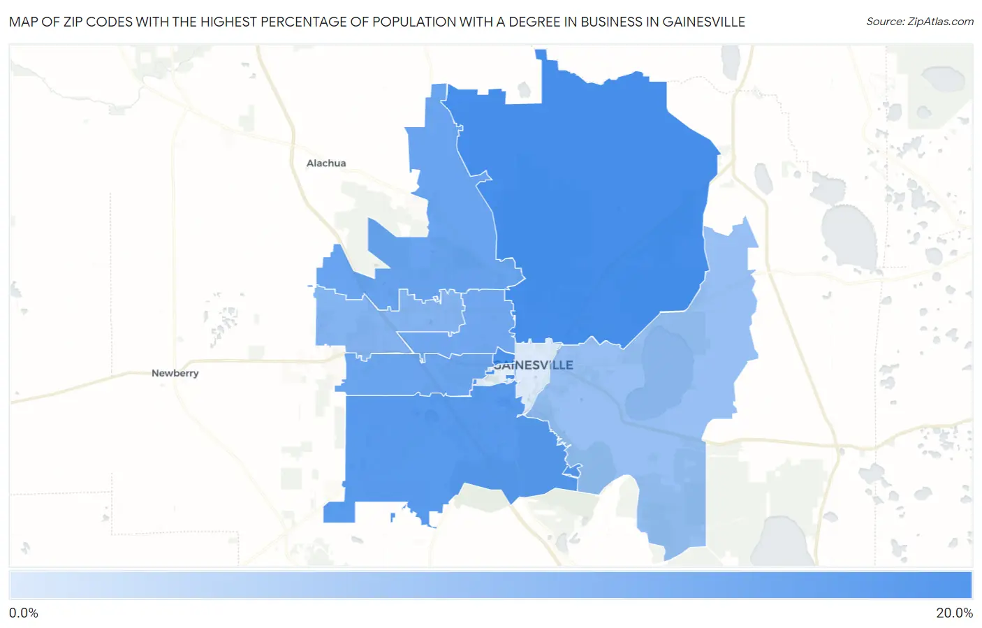 Zip Codes with the Highest Percentage of Population with a Degree in Business in Gainesville Map