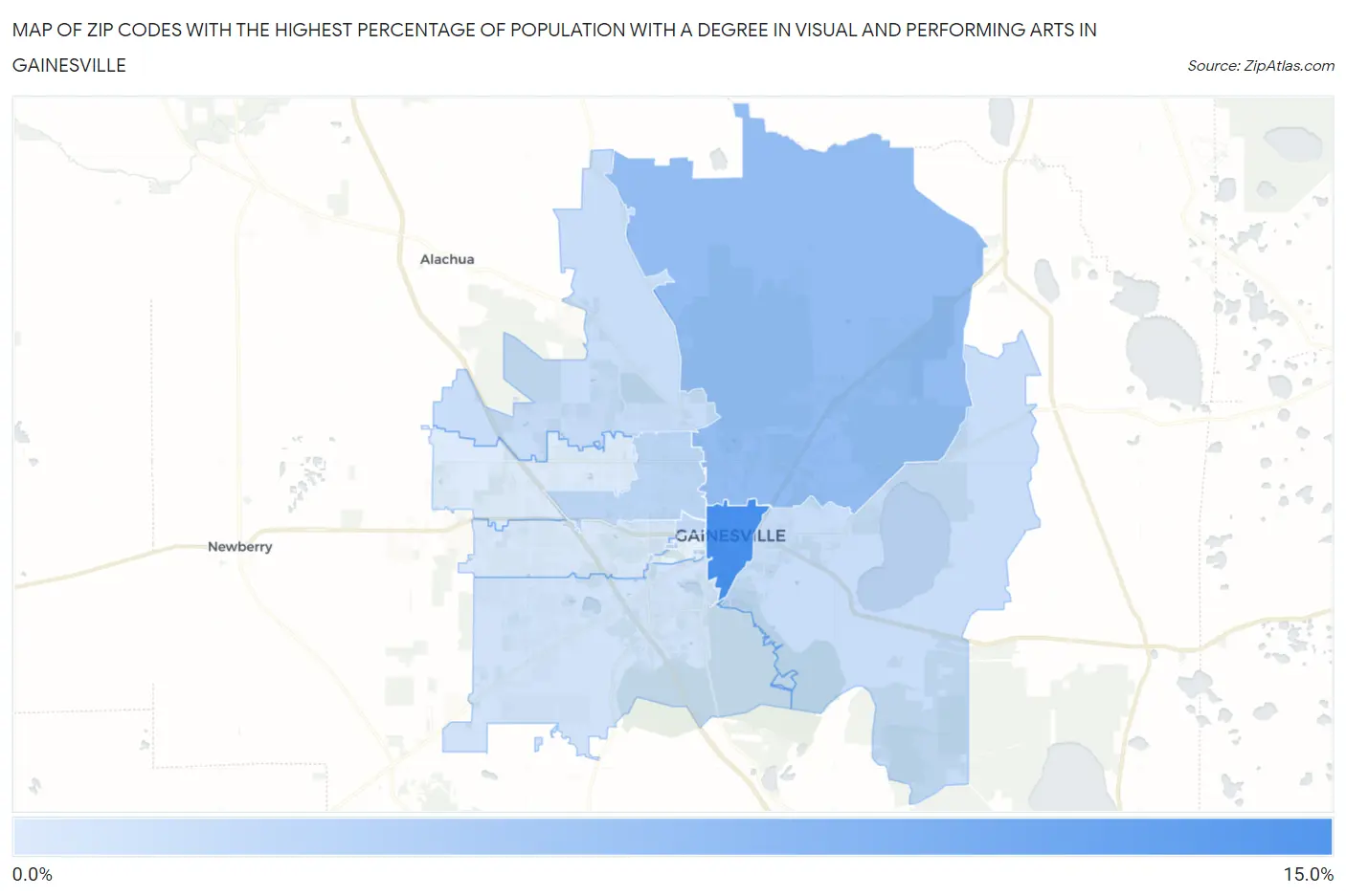 Zip Codes with the Highest Percentage of Population with a Degree in Visual and Performing Arts in Gainesville Map
