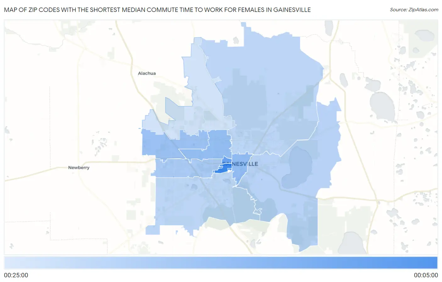 Zip Codes with the Shortest Median Commute Time to Work for Females in Gainesville Map
