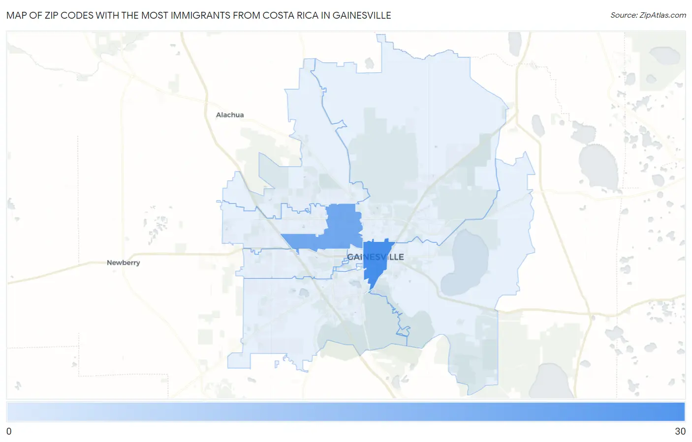 Zip Codes with the Most Immigrants from Costa Rica in Gainesville Map