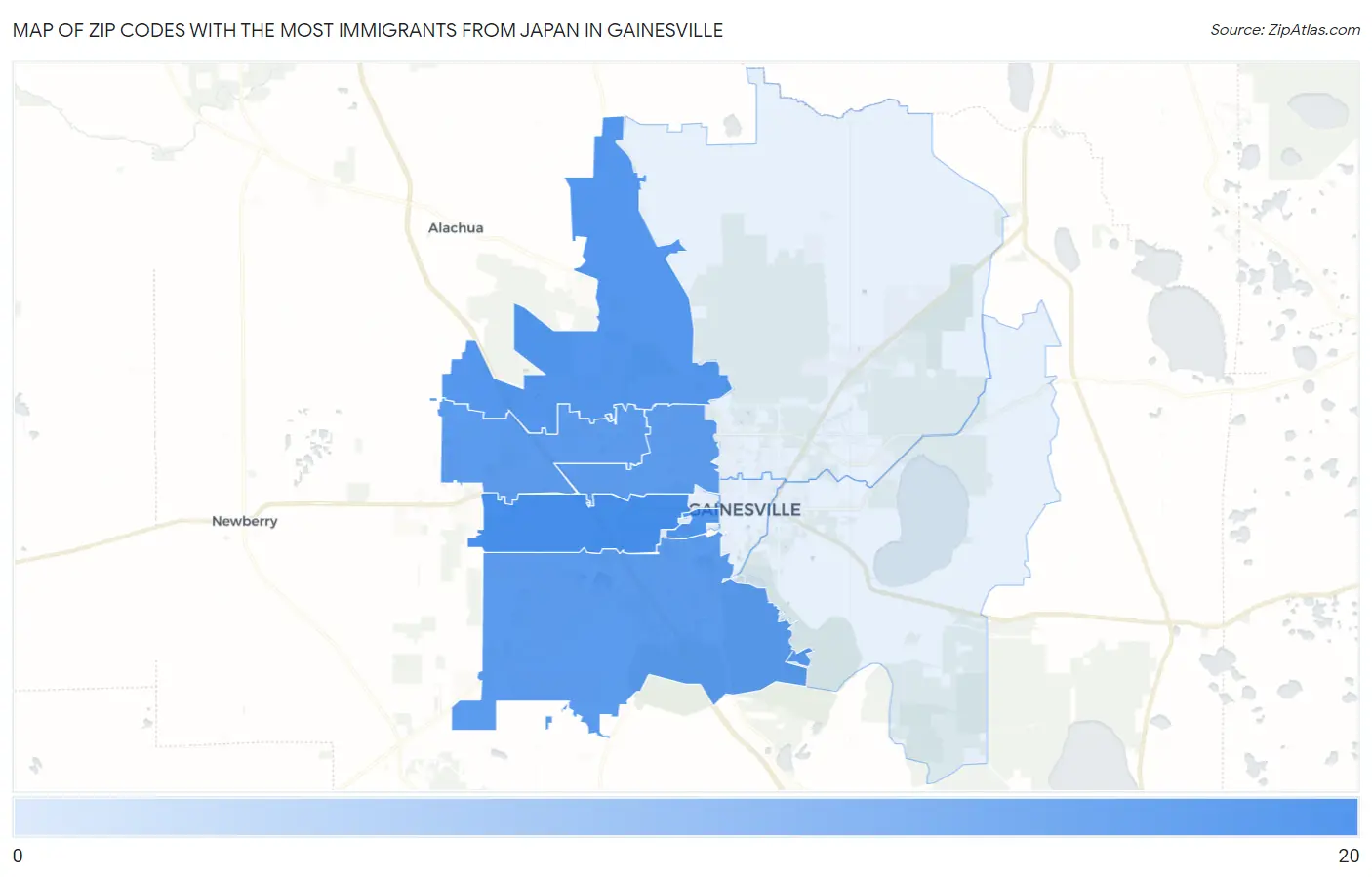 Zip Codes with the Most Immigrants from Japan in Gainesville Map