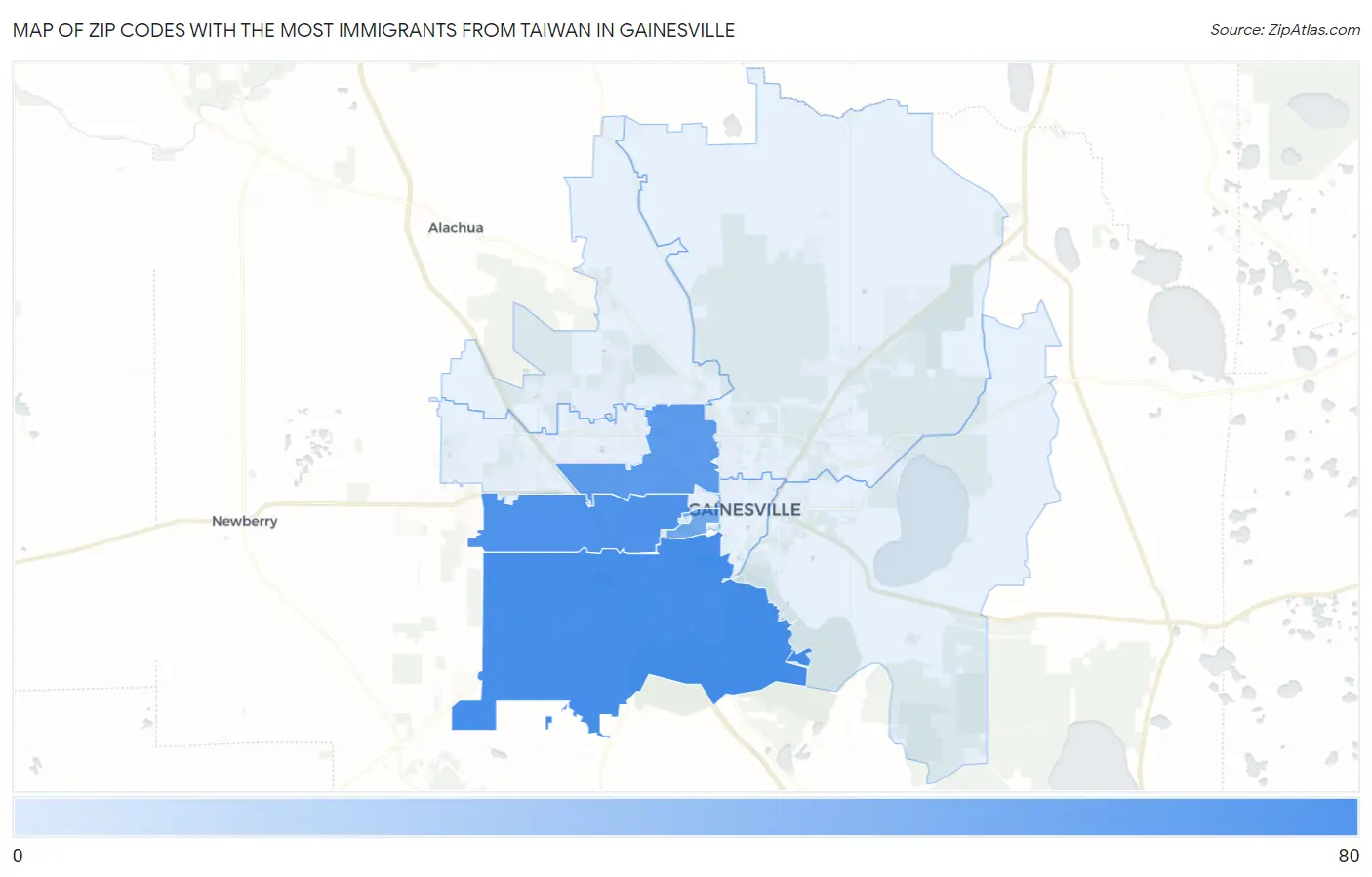 Zip Codes with the Most Immigrants from Taiwan in Gainesville Map