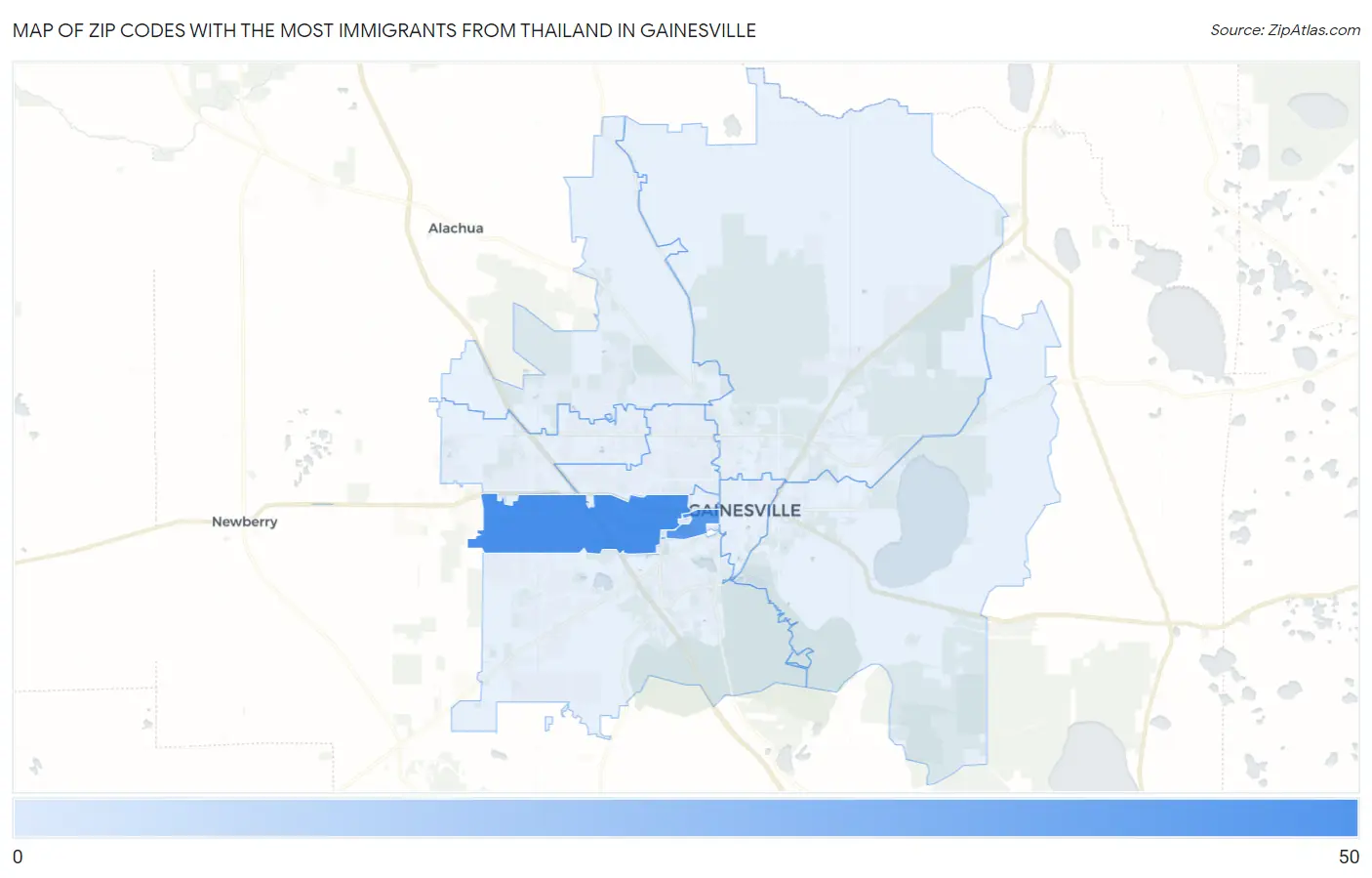 Zip Codes with the Most Immigrants from Thailand in Gainesville Map