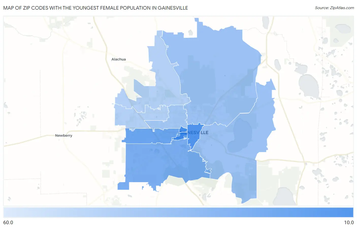 Zip Codes with the Youngest Female Population in Gainesville Map