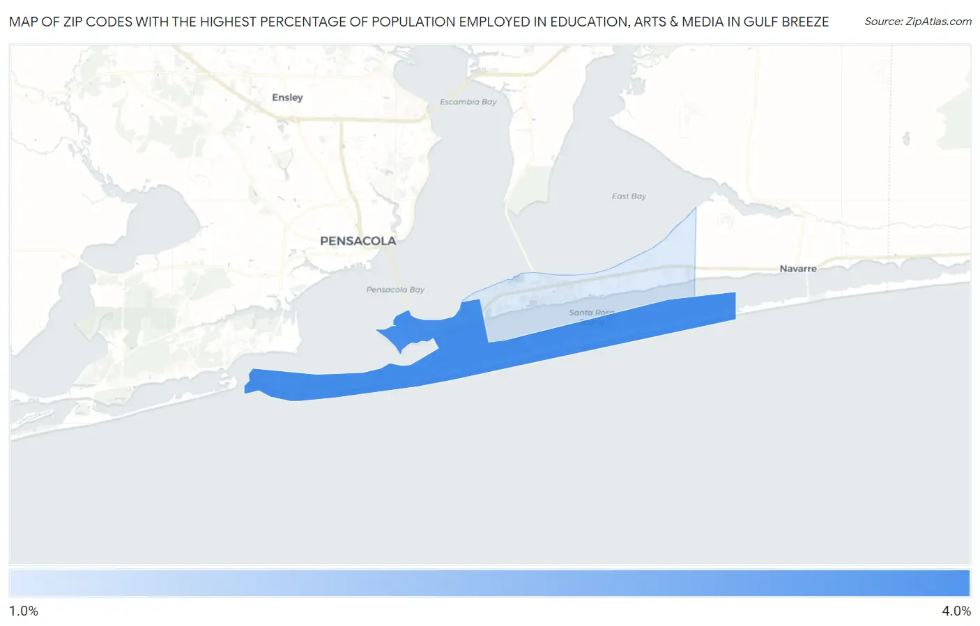 Zip Codes with the Highest Percentage of Population Employed in Education, Arts & Media in Gulf Breeze Map