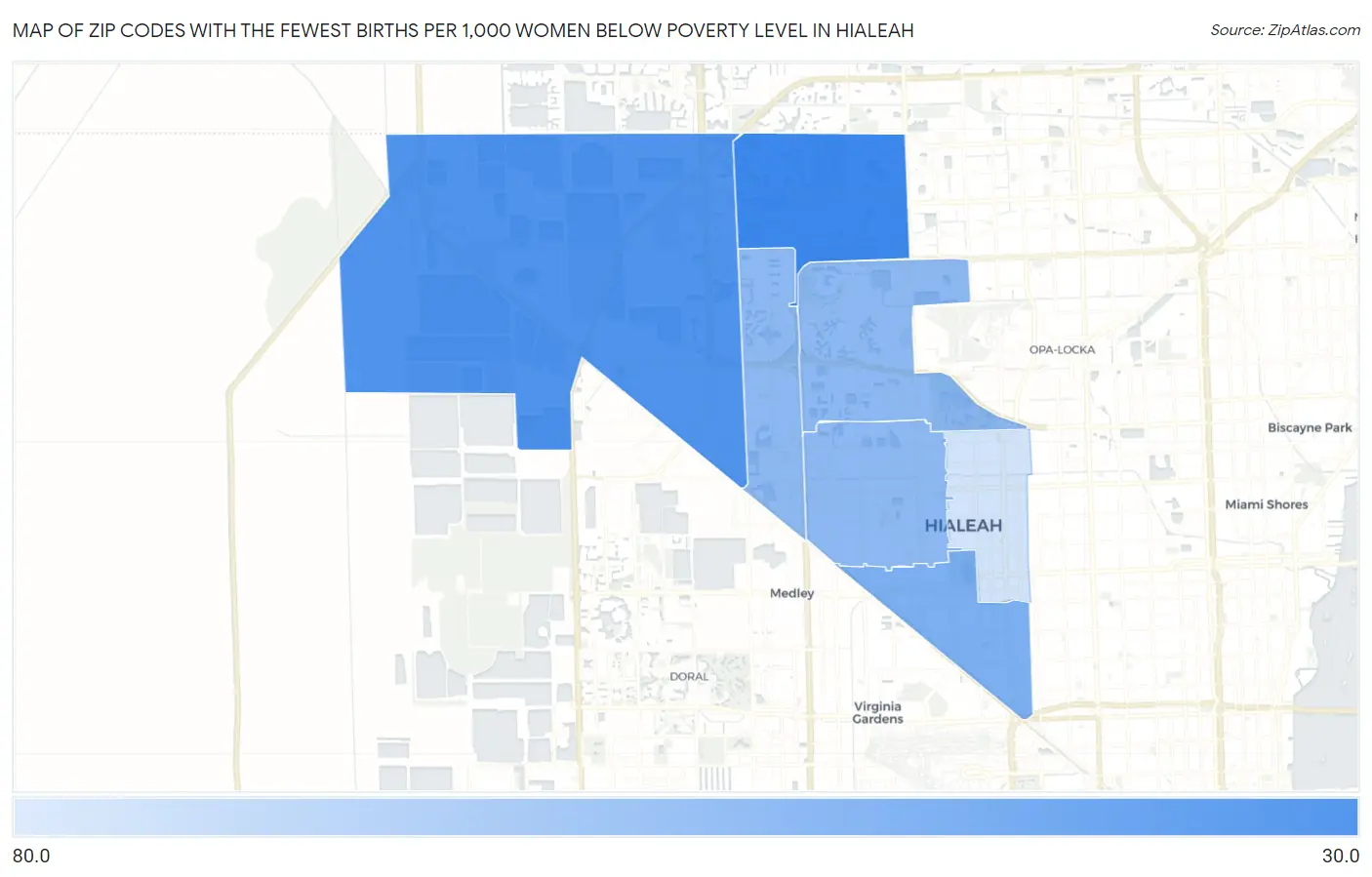 Zip Codes with the Fewest Births per 1,000 Women Below Poverty Level in Hialeah Map