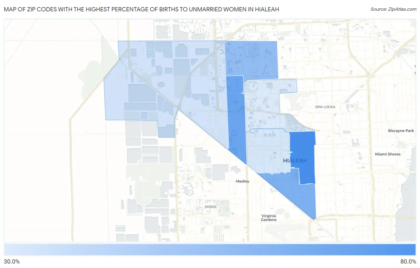 Zip Codes with the Highest Percentage of Births to Unmarried Women in Hialeah Map