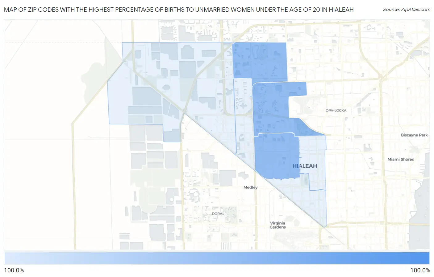 Zip Codes with the Highest Percentage of Births to Unmarried Women under the Age of 20 in Hialeah Map