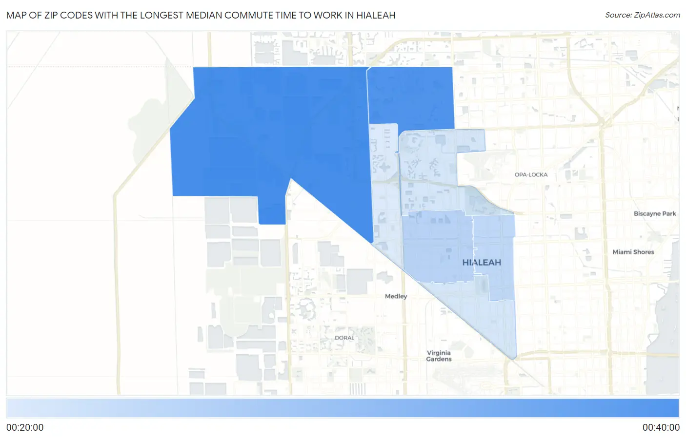 Zip Codes with the Longest Median Commute Time to Work in Hialeah Map