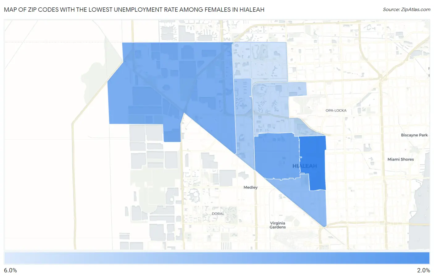 Zip Codes with the Lowest Unemployment Rate Among Females in Hialeah Map