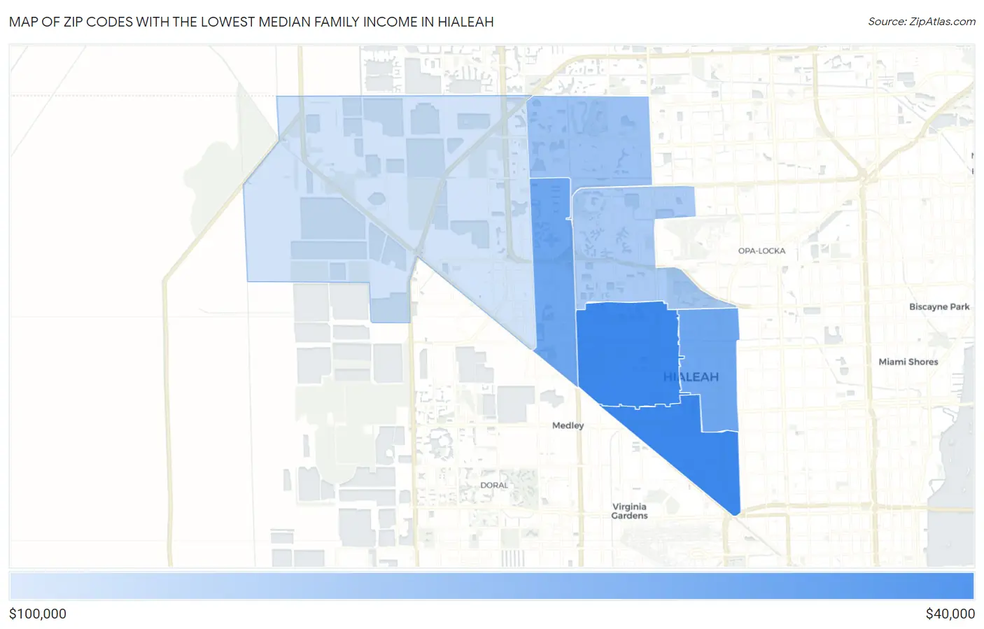 Zip Codes with the Lowest Median Family Income in Hialeah Map