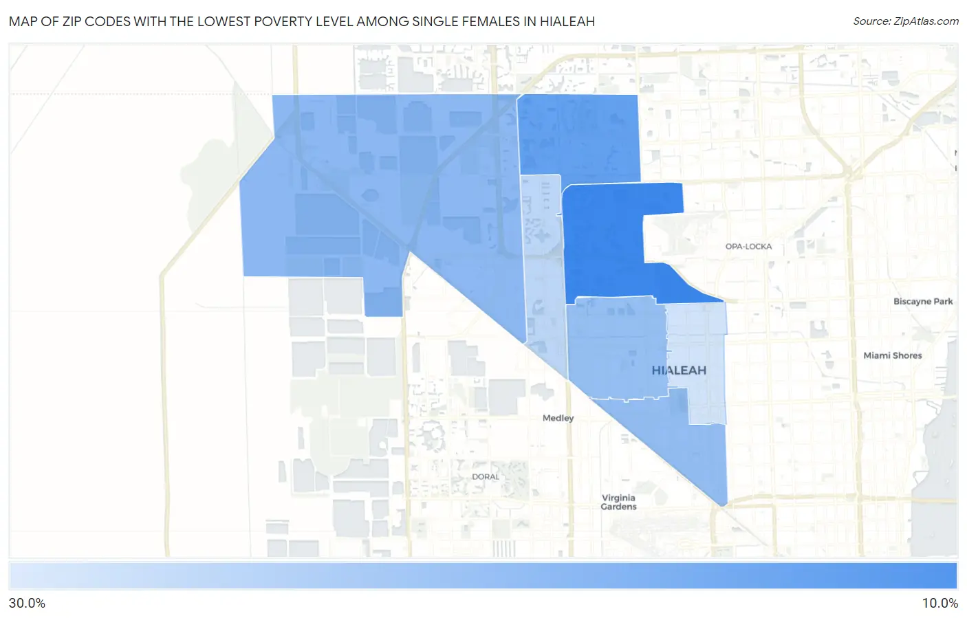 Zip Codes with the Lowest Poverty Level Among Single Females in Hialeah Map