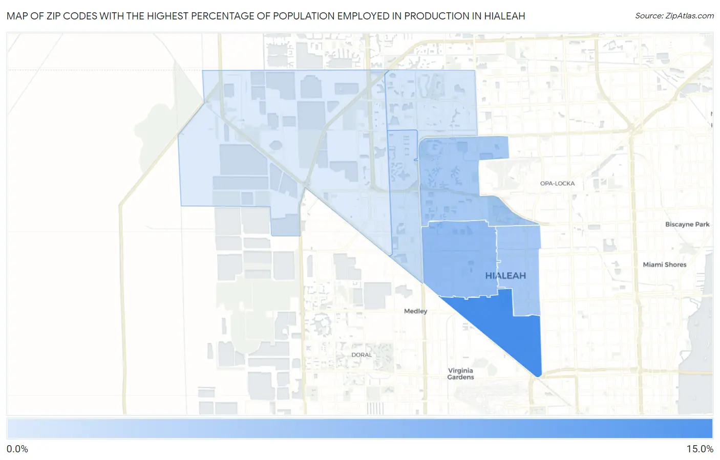 Zip Codes with the Highest Percentage of Population Employed in Production in Hialeah Map