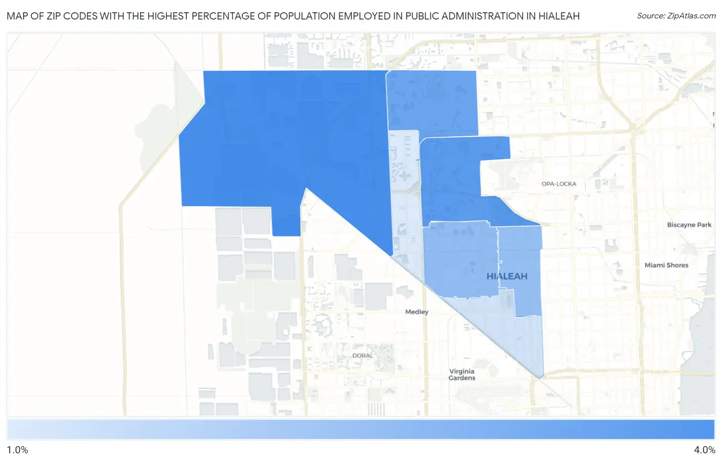 Zip Codes with the Highest Percentage of Population Employed in Public Administration in Hialeah Map
