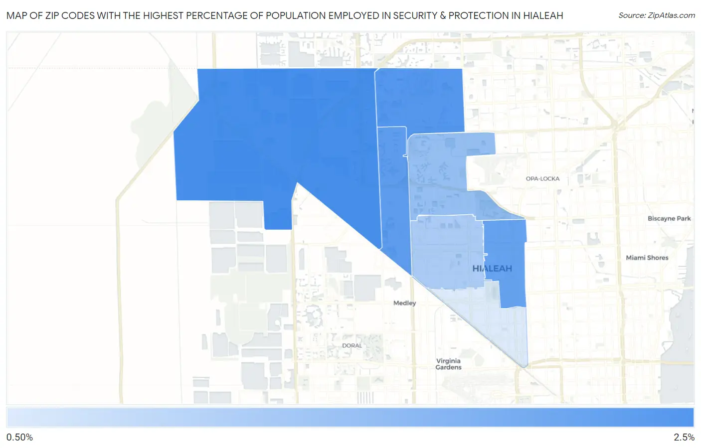 Zip Codes with the Highest Percentage of Population Employed in Security & Protection in Hialeah Map