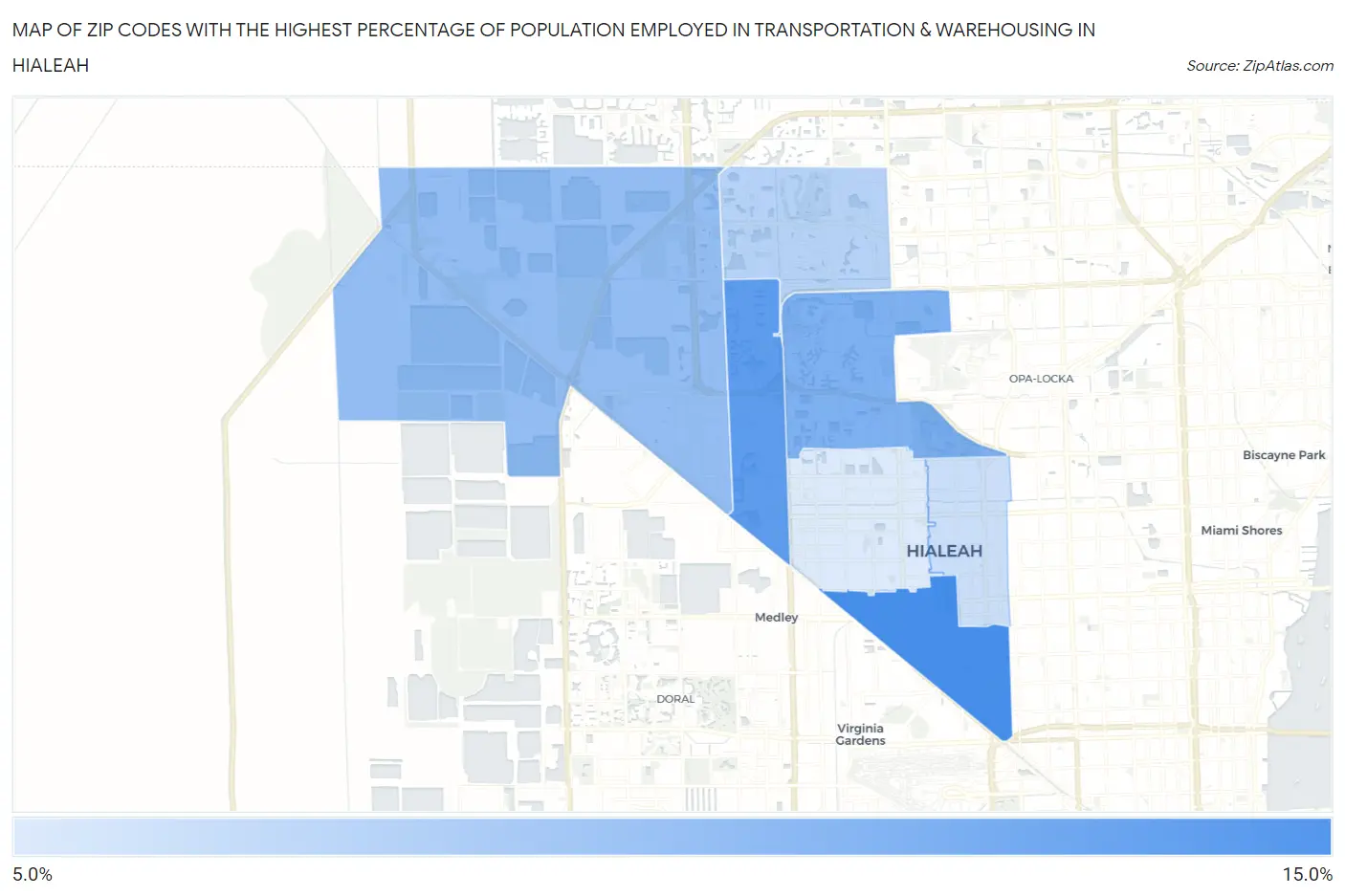 Zip Codes with the Highest Percentage of Population Employed in Transportation & Warehousing in Hialeah Map