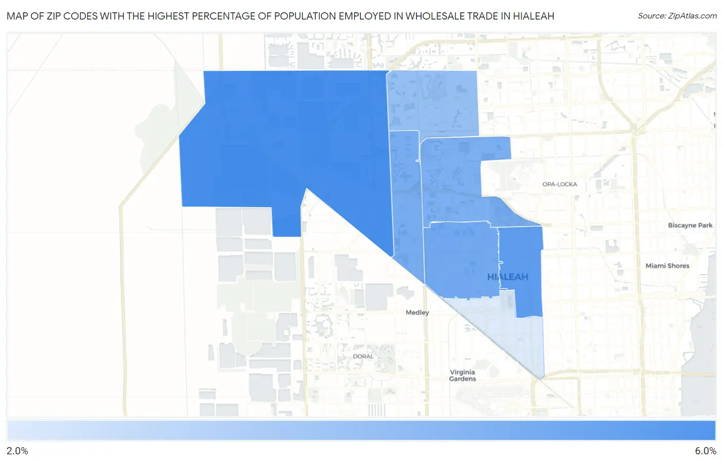 Zip Codes with the Highest Percentage of Population Employed in Wholesale Trade in Hialeah Map
