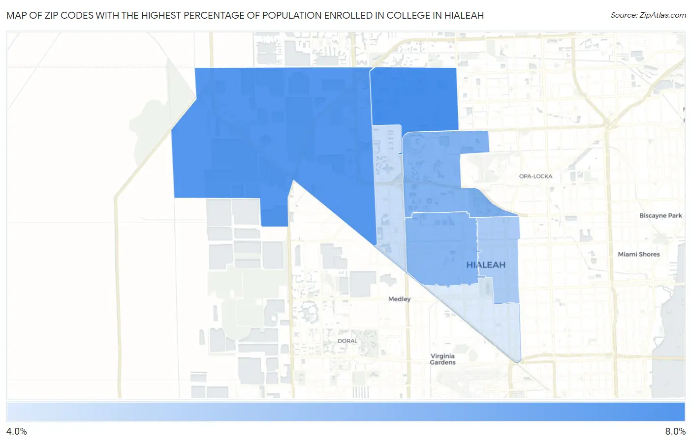 Zip Codes with the Highest Percentage of Population Enrolled in College in Hialeah Map