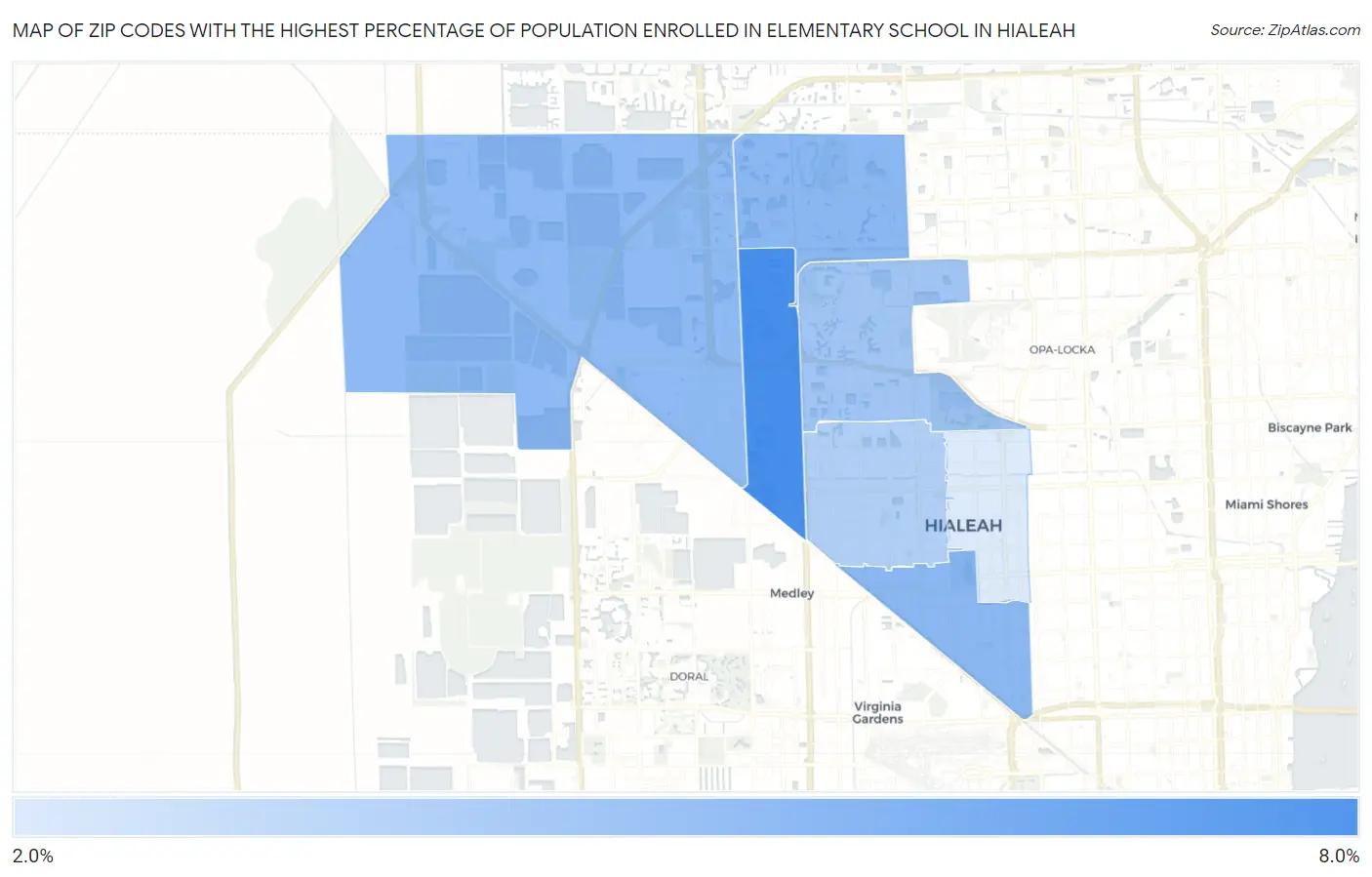 Zip Codes with the Highest Percentage of Population Enrolled in Elementary School in Hialeah Map
