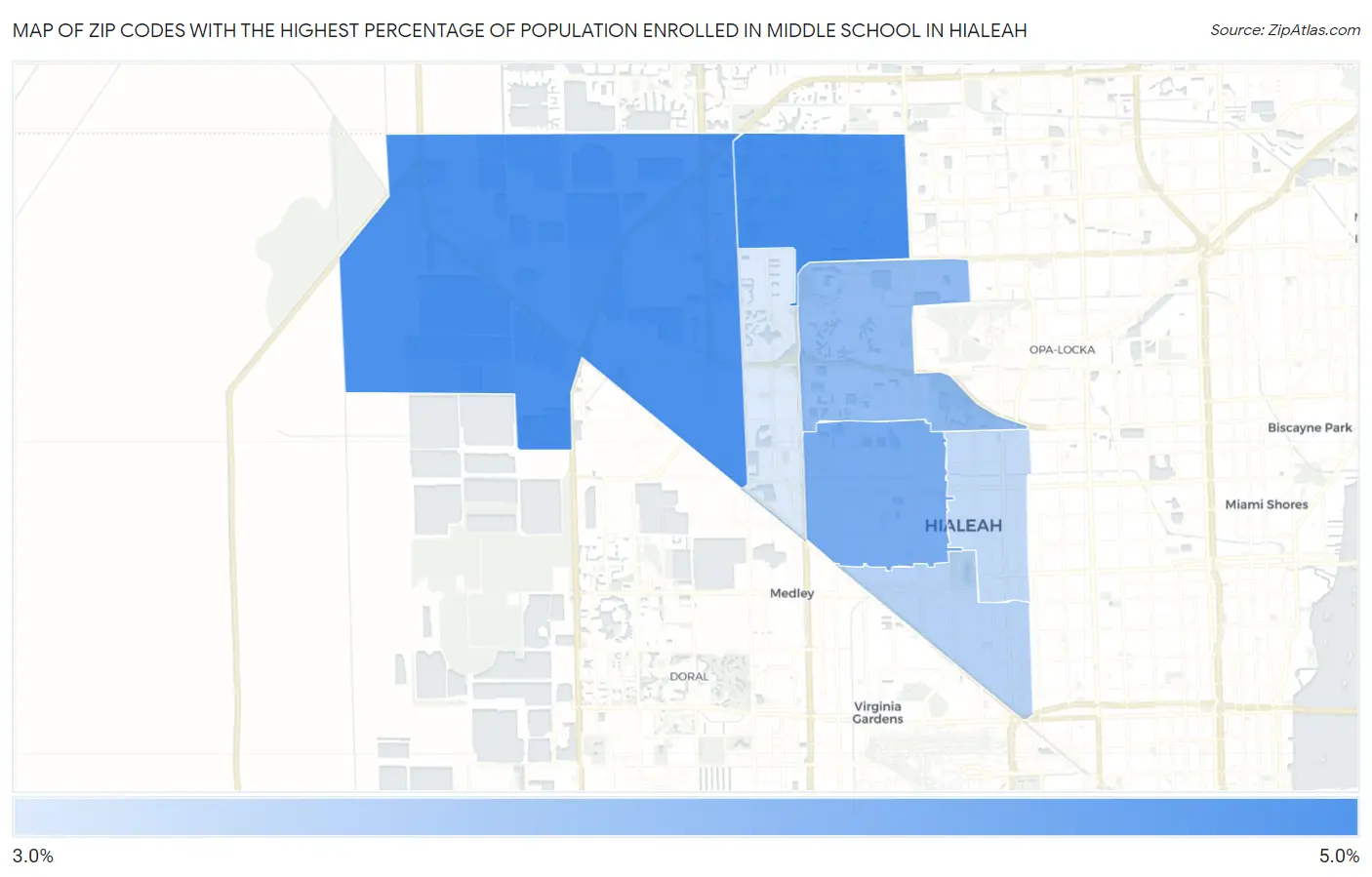 Zip Codes with the Highest Percentage of Population Enrolled in Middle School in Hialeah Map