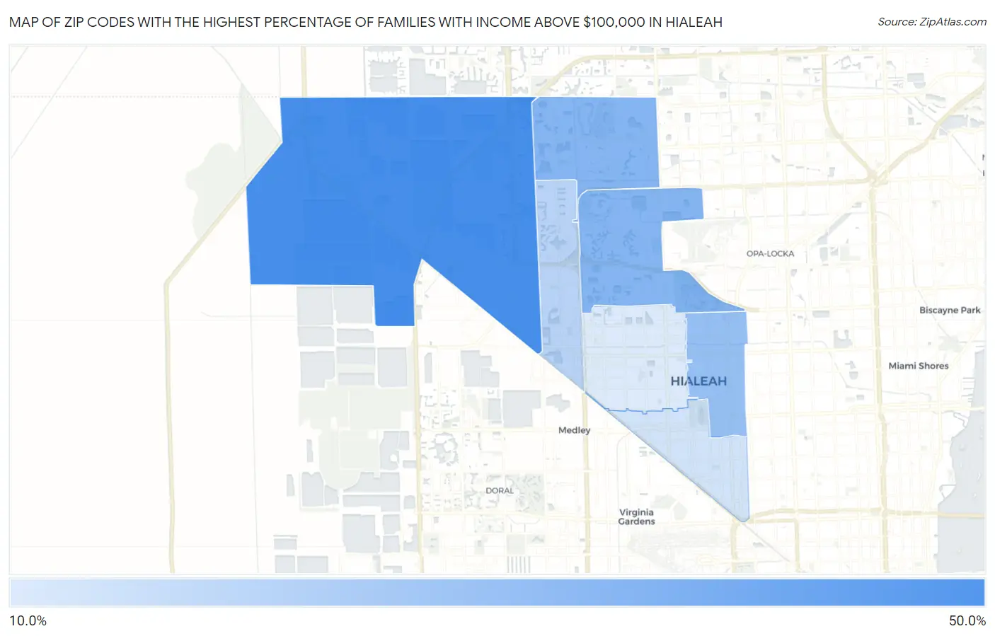 Zip Codes with the Highest Percentage of Families with Income Above $100,000 in Hialeah Map