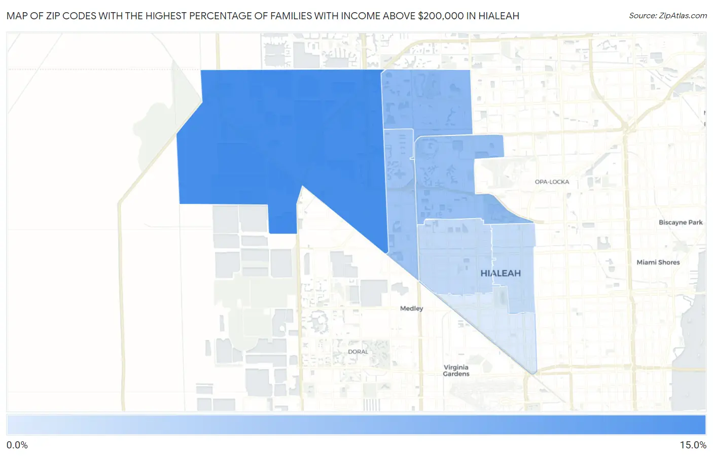 Zip Codes with the Highest Percentage of Families with Income Above $200,000 in Hialeah Map