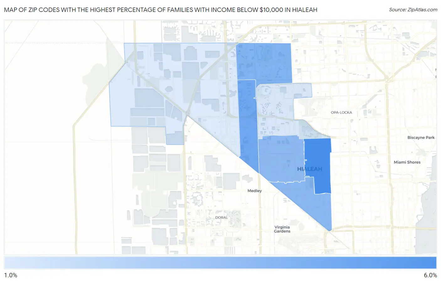 Zip Codes with the Highest Percentage of Families with Income Below $10,000 in Hialeah Map
