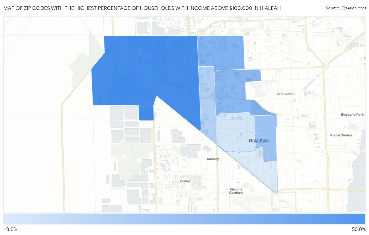 Zip Codes with the Highest Percentage of Households with Income Above $100,000 in Hialeah Map