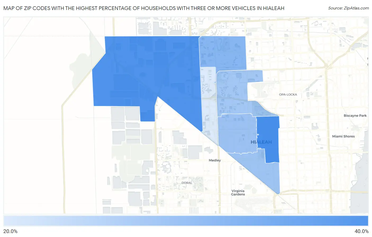 Zip Codes with the Highest Percentage of Households With Three or more Vehicles in Hialeah Map