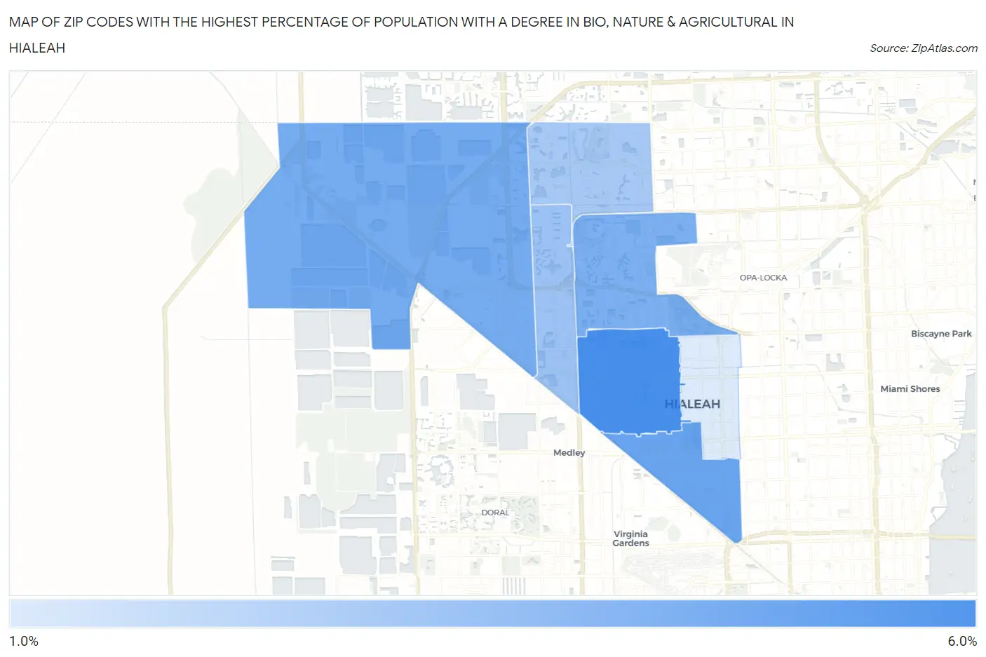 Zip Codes with the Highest Percentage of Population with a Degree in Bio, Nature & Agricultural in Hialeah Map
