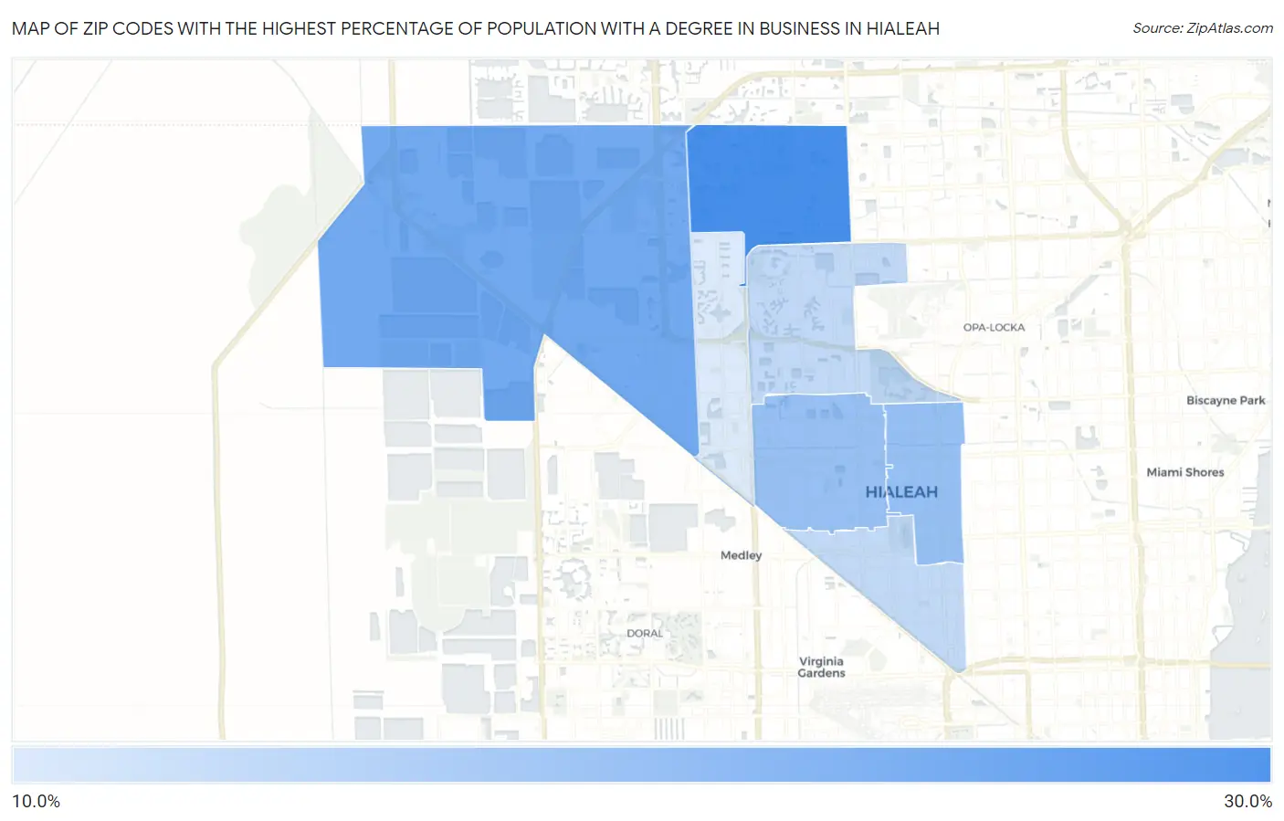 Zip Codes with the Highest Percentage of Population with a Degree in Business in Hialeah Map