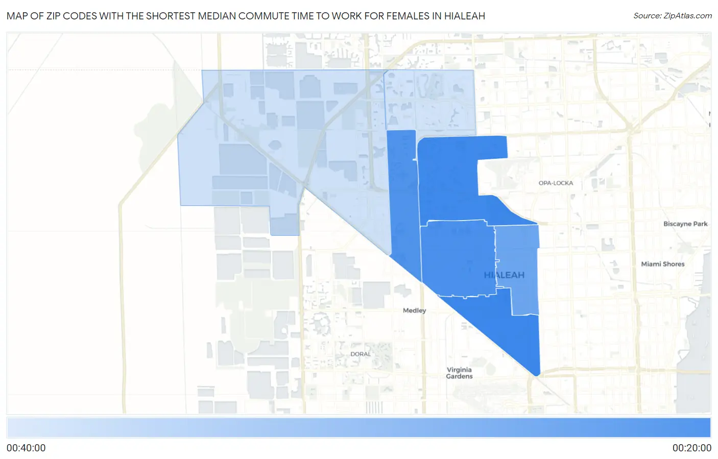 Zip Codes with the Shortest Median Commute Time to Work for Females in Hialeah Map
