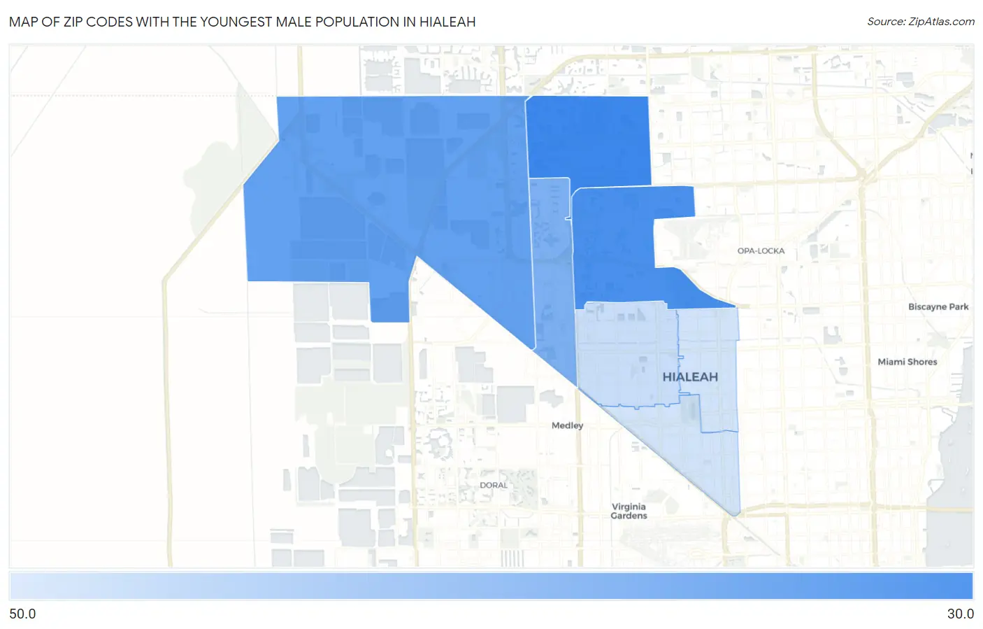 Zip Codes with the Youngest Male Population in Hialeah Map