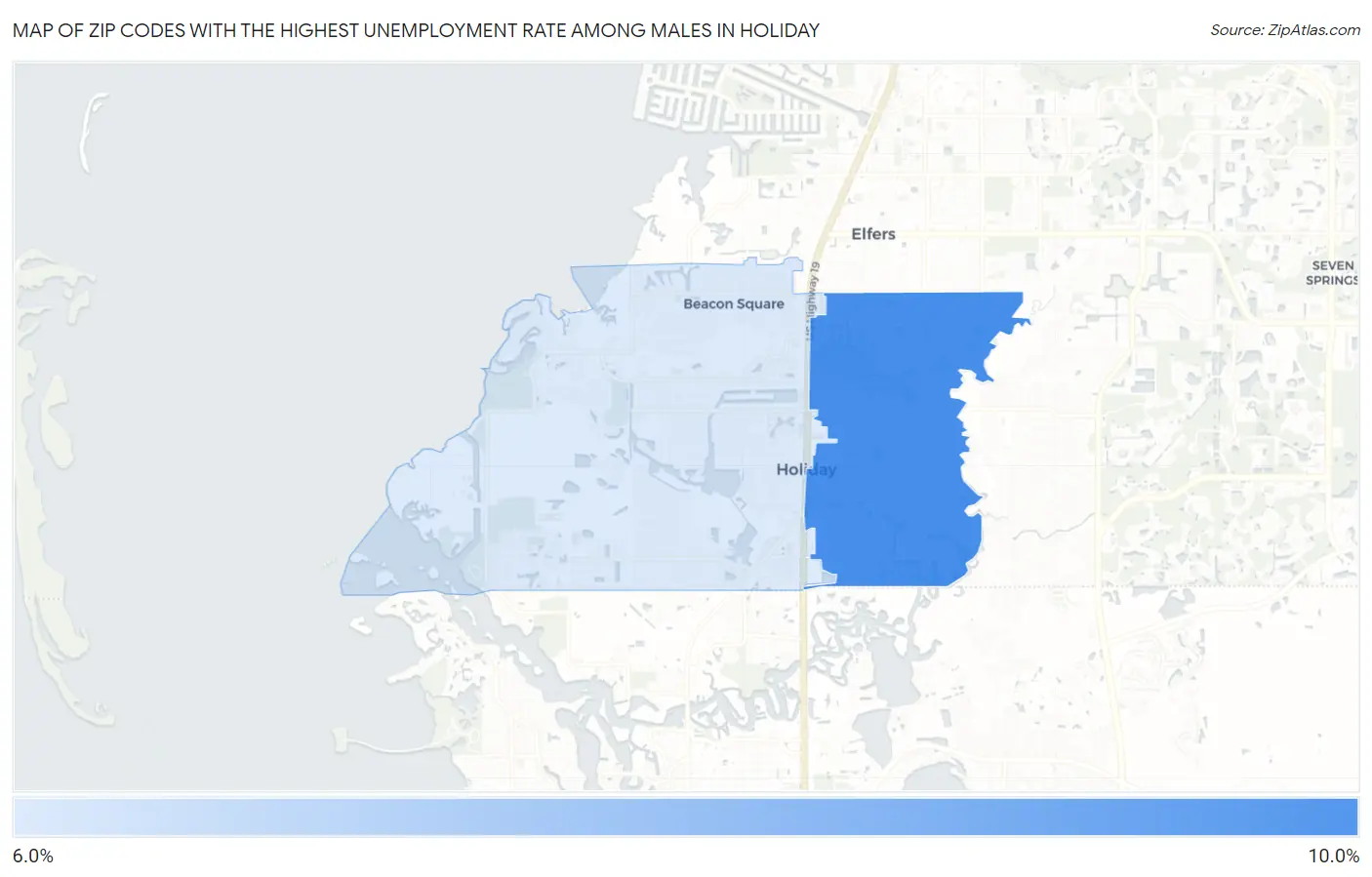 Zip Codes with the Highest Unemployment Rate Among Males in Holiday Map