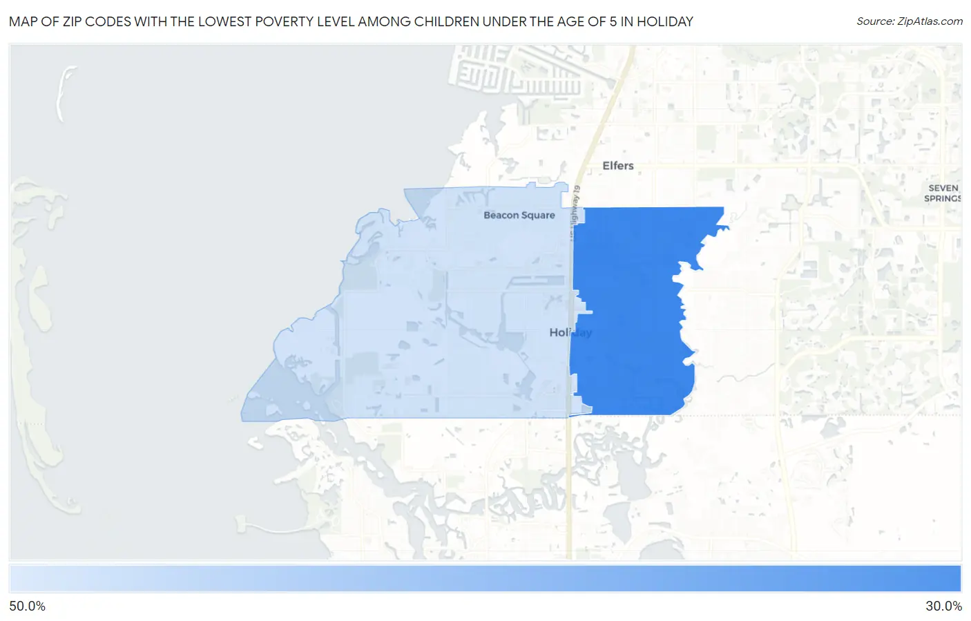 Zip Codes with the Lowest Poverty Level Among Children Under the Age of 5 in Holiday Map