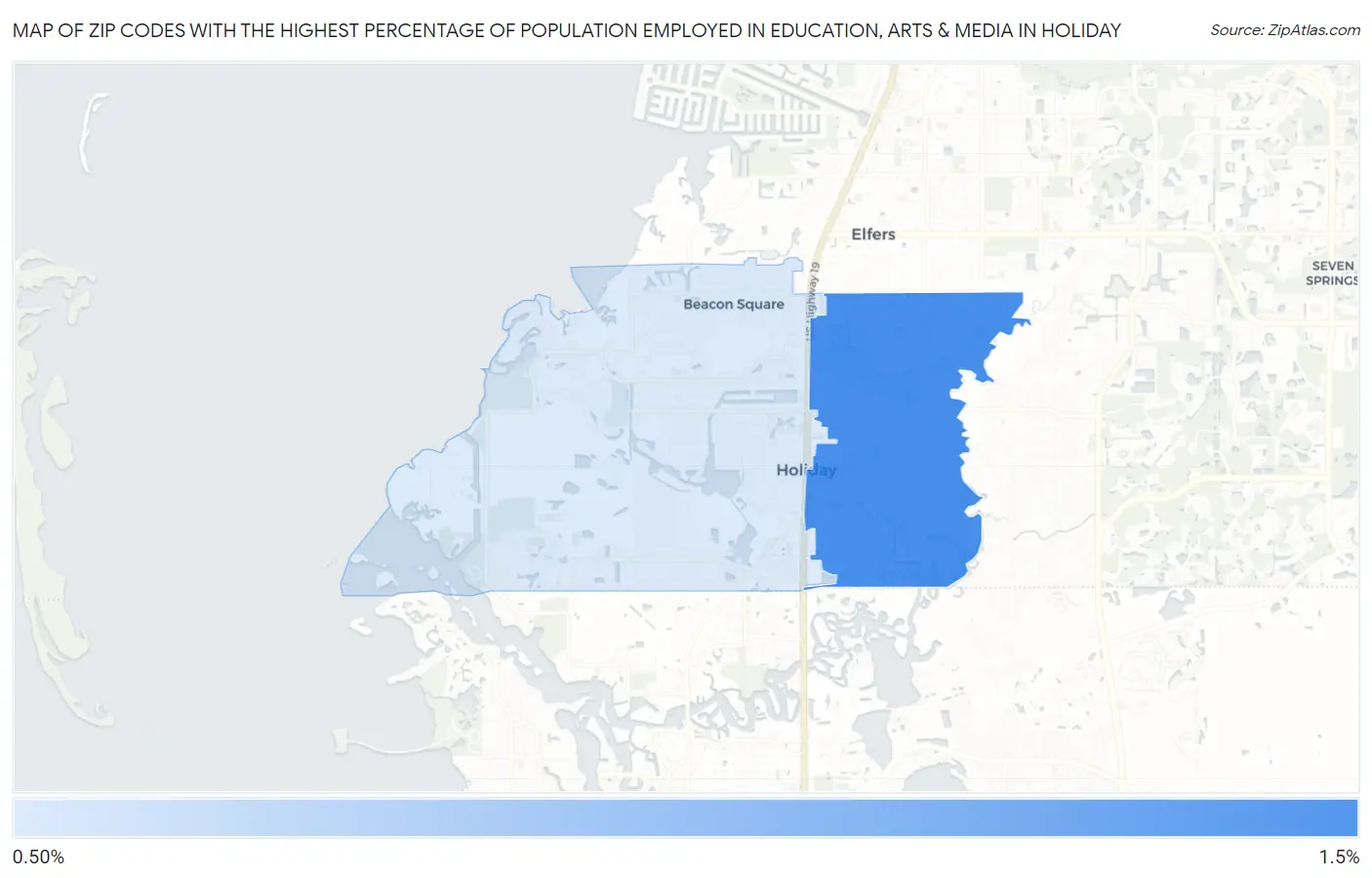 Zip Codes with the Highest Percentage of Population Employed in Education, Arts & Media in Holiday Map