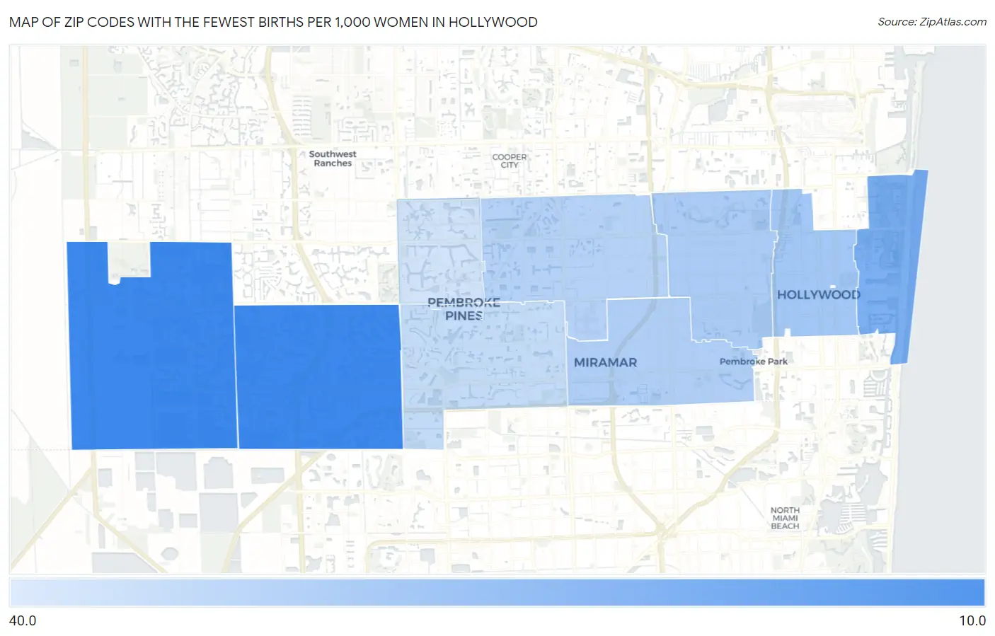Zip Codes with the Fewest Births per 1,000 Women in Hollywood Map
