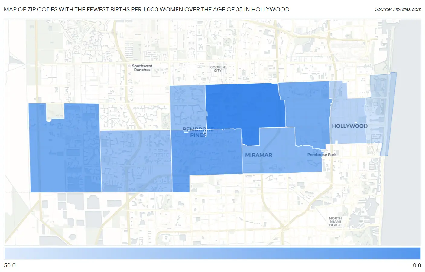 Zip Codes with the Fewest Births per 1,000 Women Over the Age of 35 in Hollywood Map