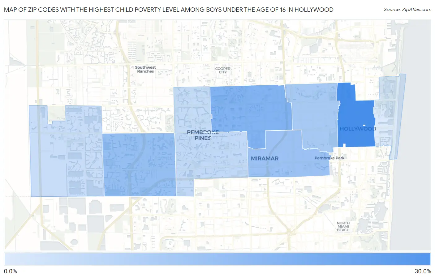Zip Codes with the Highest Child Poverty Level Among Boys Under the Age of 16 in Hollywood Map