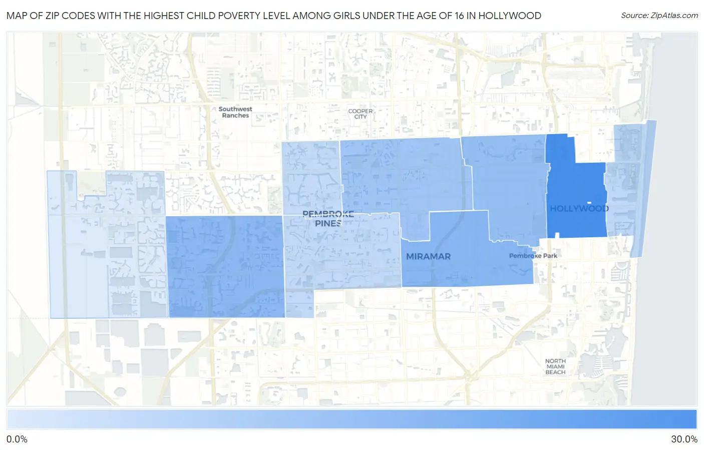 Zip Codes with the Highest Child Poverty Level Among Girls Under the Age of 16 in Hollywood Map